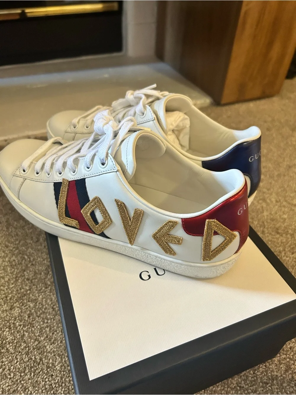 GUCCI White 'Loved' Leather Sneaker with Red & Blue Heel Tabs